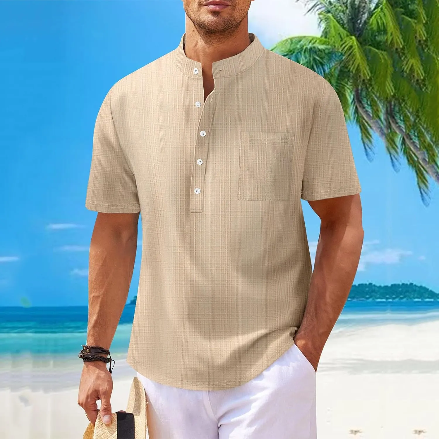 Men's T Shirts Henley Short Sleeve Cotton Linen Casual Summer Beach Shirts Men Hawaiian Vacation T-Shirts Lightweight