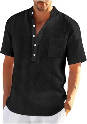 Men's T Shirts Henley Short Sleeve Cotton Linen Casual Summer Beach Shirts Men Hawaiian Vacation T-Shirts Lightweight