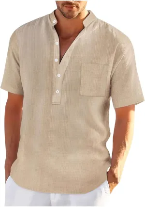 Men's T Shirts Henley Short Sleeve Cotton Linen Casual Summer Beach Shirts Men Hawaiian Vacation T-Shirts Lightweight