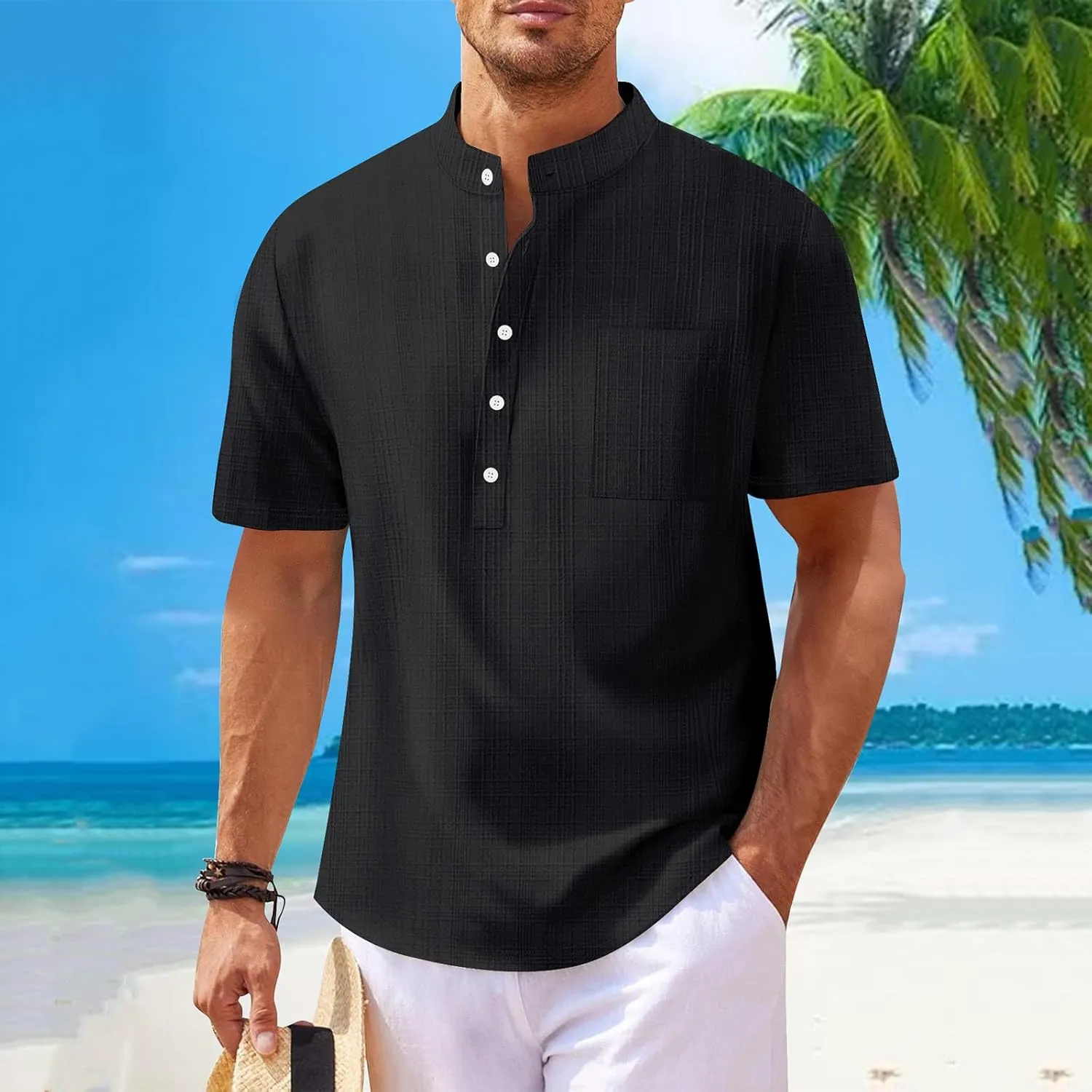 Men's T Shirts Henley Short Sleeve Cotton Linen Casual Summer Beach Shirts Men Hawaiian Vacation T-Shirts Lightweight