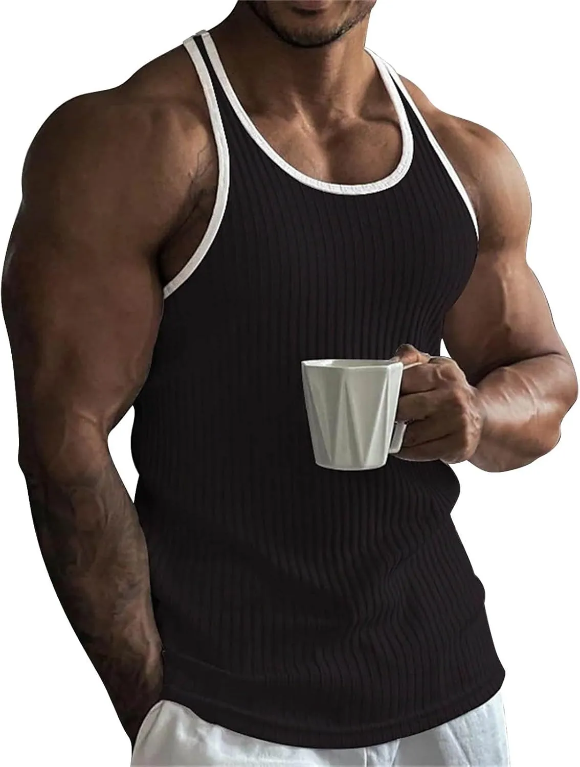 Mens Workout Tank Tops Ribbed Knit Sleeveless Gym Muscle Shirts Sport Fitness Training Active Tops Bodybuilding Tee