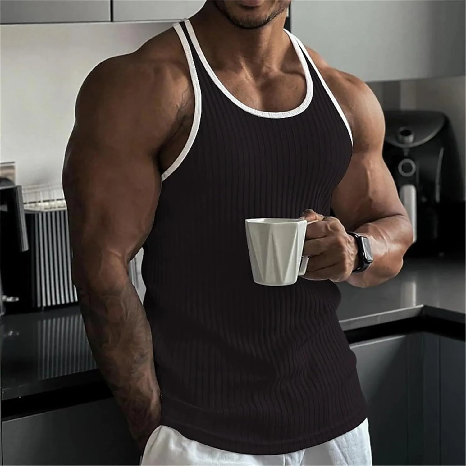 Mens Workout Tank Tops Ribbed Knit Sleeveless Gym Muscle Shirts Sport Fitness Training Active Tops Bodybuilding Tee