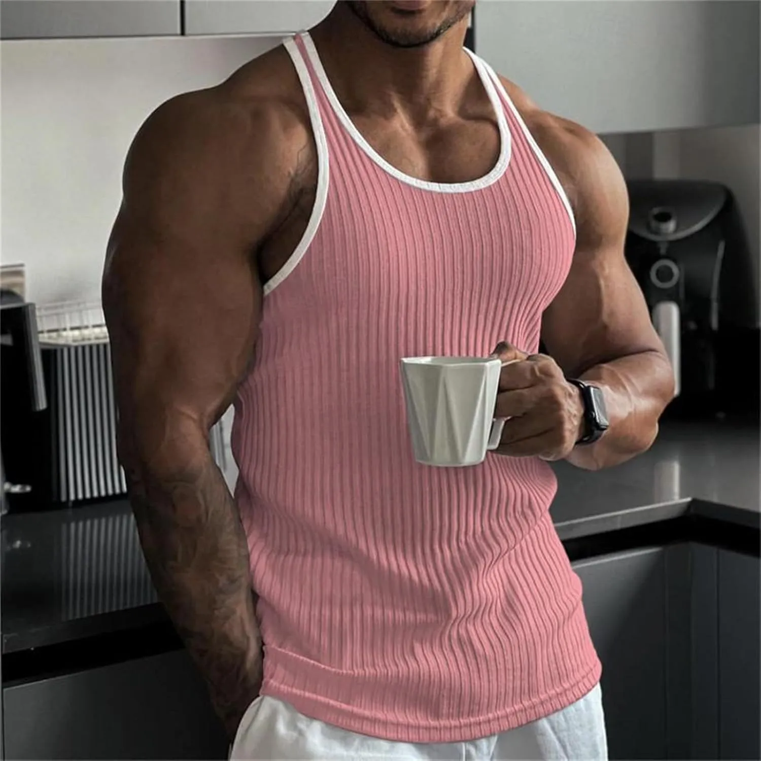 Mens Workout Tank Tops Ribbed Knit Sleeveless Gym Muscle Shirts Sport Fitness Training Active Tops Bodybuilding Tee