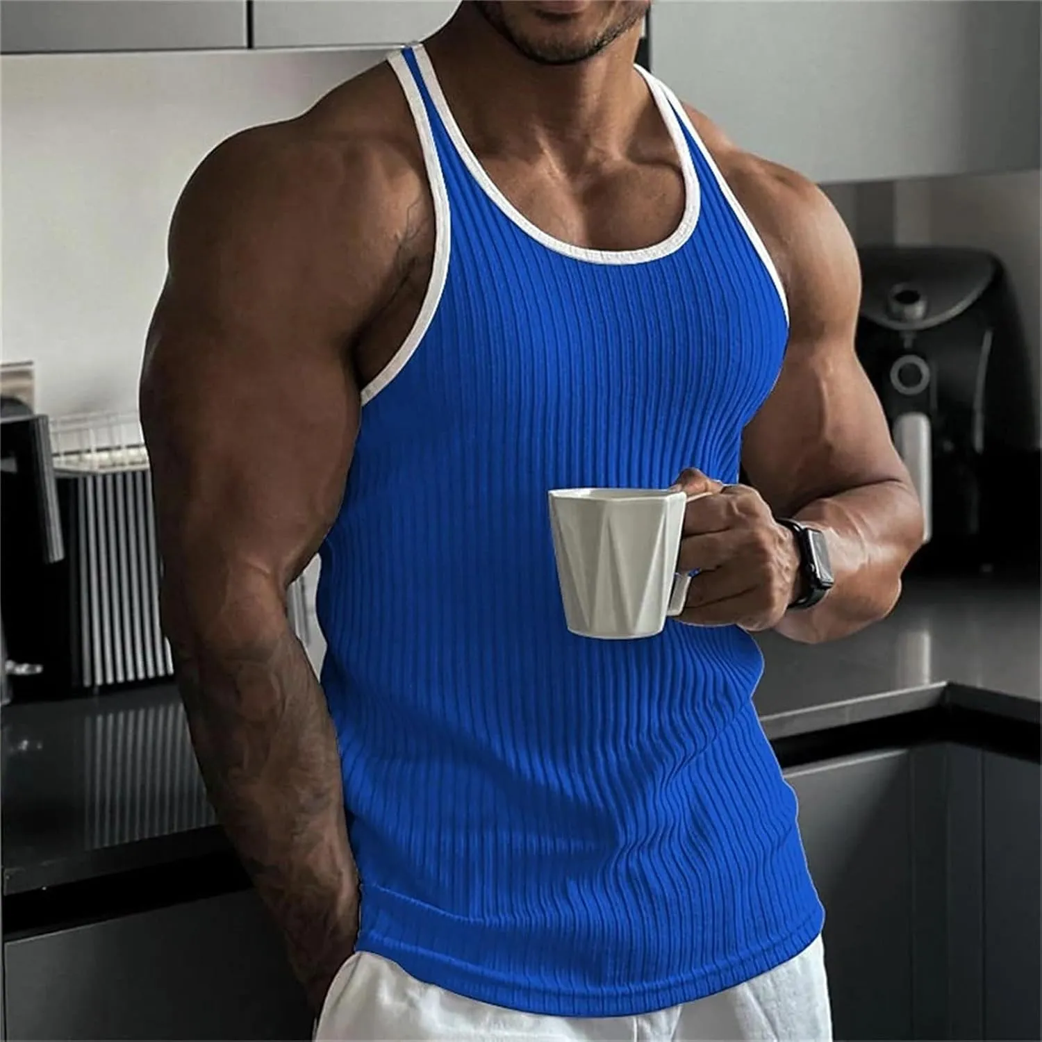 Mens Workout Tank Tops Ribbed Knit Sleeveless Gym Muscle Shirts Sport Fitness Training Active Tops Bodybuilding Tee