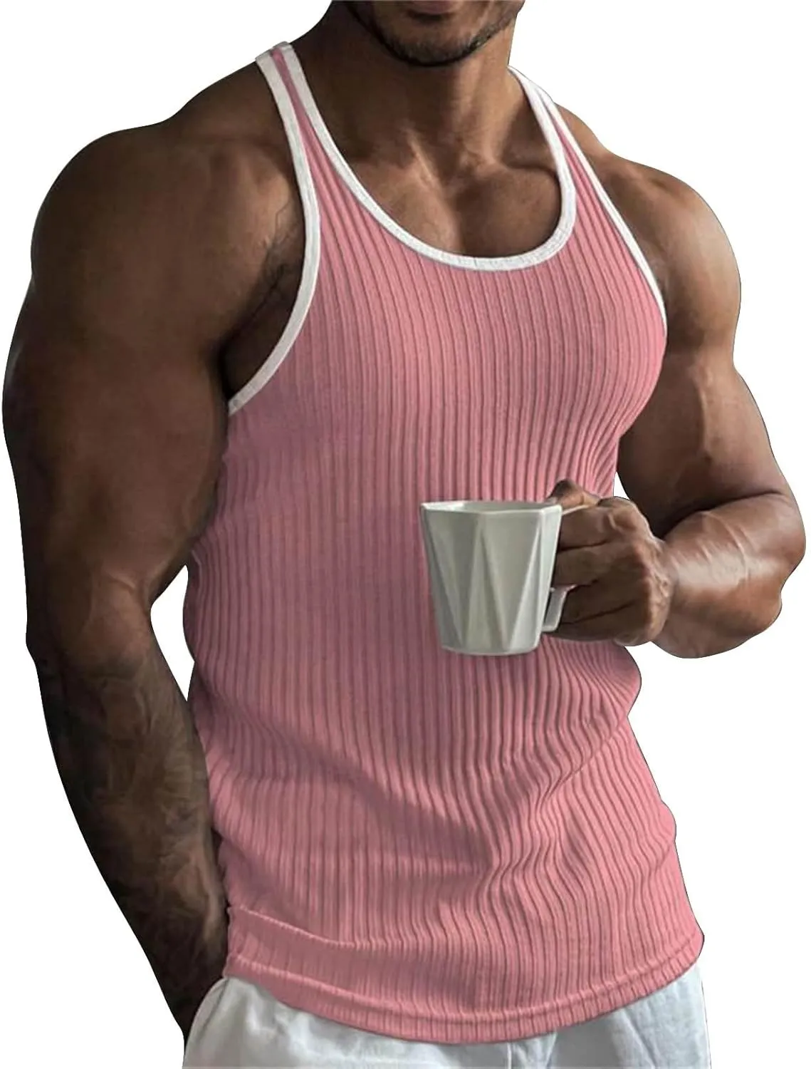 Mens Workout Tank Tops Ribbed Knit Sleeveless Gym Muscle Shirts Sport Fitness Training Active Tops Bodybuilding Tee