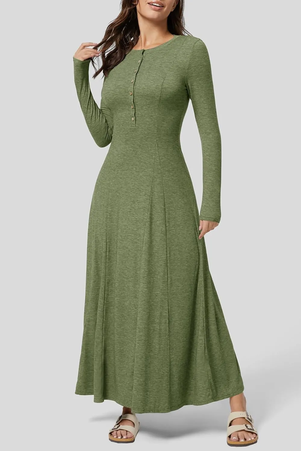 MITILLY Fall Dress for Women 2025 Long Sleeve Maxi Dress Casual Crewneck Button Fit & Flare Flowy Boho Dresses