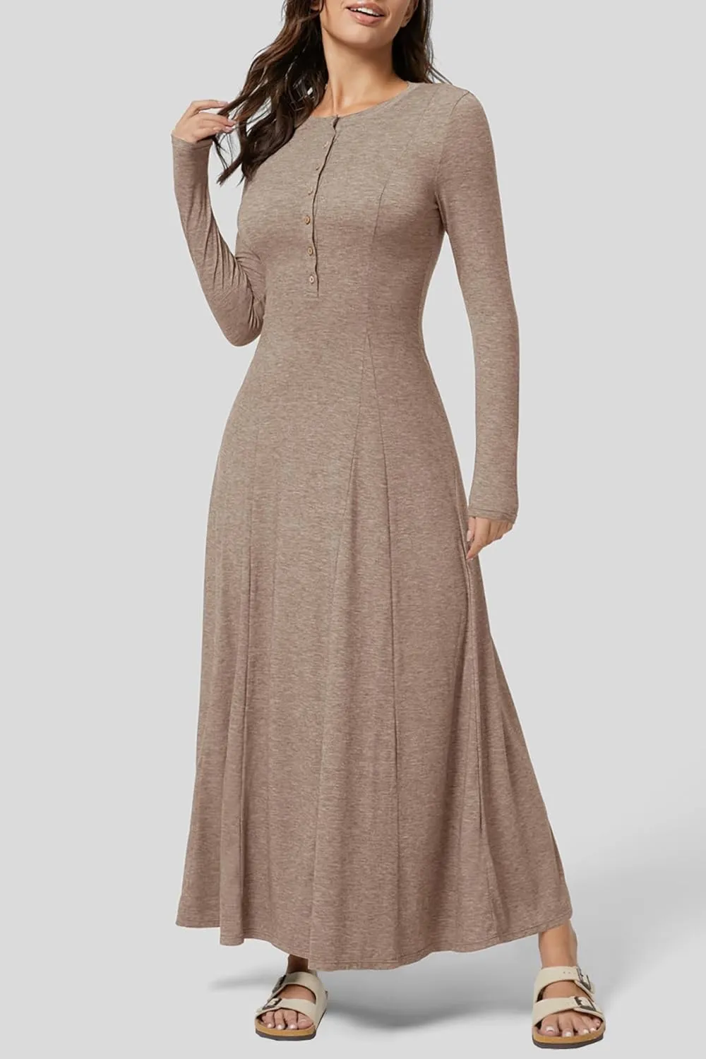 MITILLY Fall Dress for Women 2025 Long Sleeve Maxi Dress Casual Crewneck Button Fit & Flare Flowy Boho Dresses