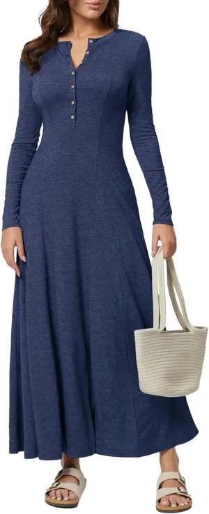 MITILLY Fall Dress for Women 2025 Long Sleeve Maxi Dress Casual Crewneck Button Fit & Flare Flowy Boho Dresses