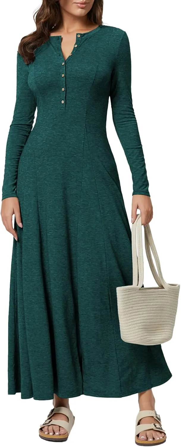 MITILLY Fall Dress for Women 2025 Long Sleeve Maxi Dress Casual Crewneck Button Fit & Flare Flowy Boho Dresses
