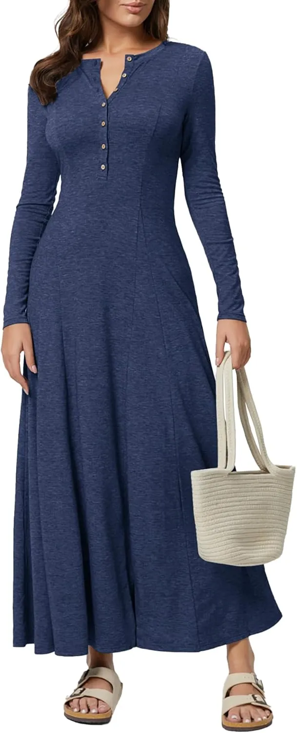 MITILLY Fall Dress for Women 2025 Long Sleeve Maxi Dress Casual Crewneck Button Fit & Flare Flowy Boho Dresses