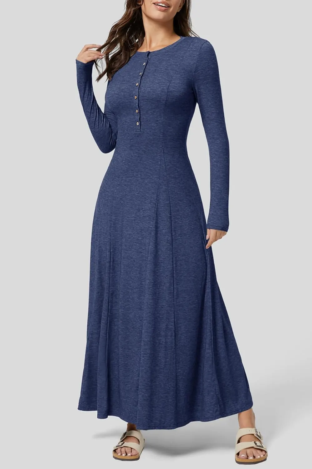 MITILLY Fall Dress for Women 2025 Long Sleeve Maxi Dress Casual Crewneck Button Fit & Flare Flowy Boho Dresses