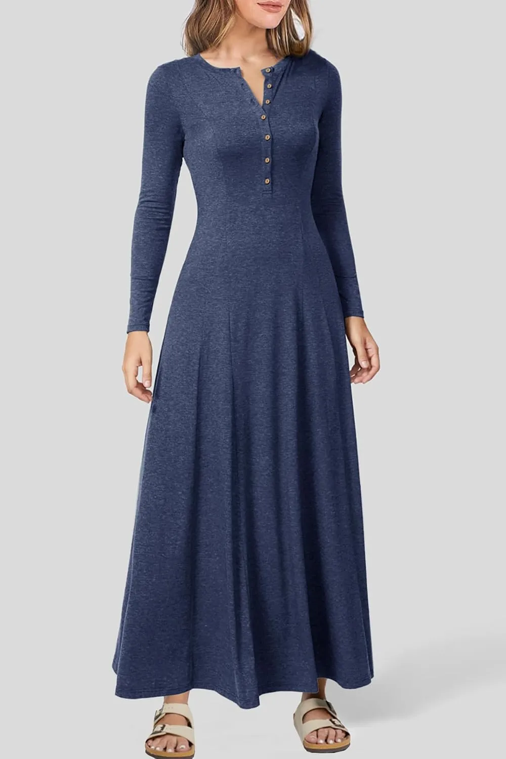 MITILLY Fall Dress for Women 2025 Long Sleeve Maxi Dress Casual Crewneck Button Fit & Flare Flowy Boho Dresses