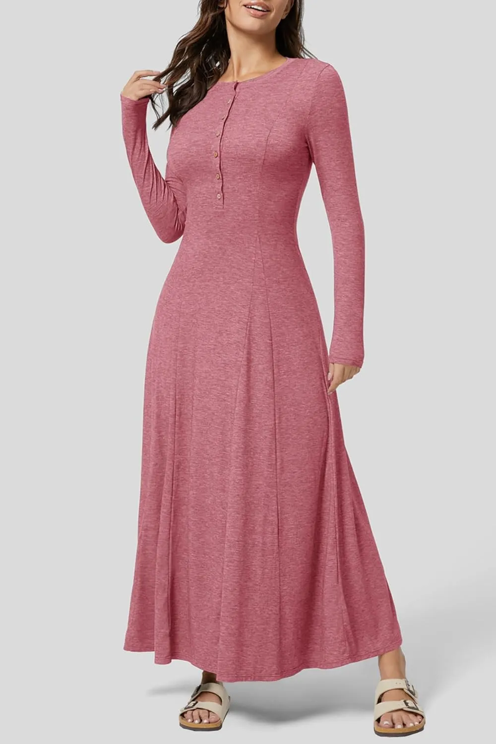 MITILLY Fall Dress for Women 2025 Long Sleeve Maxi Dress Casual Crewneck Button Fit & Flare Flowy Boho Dresses