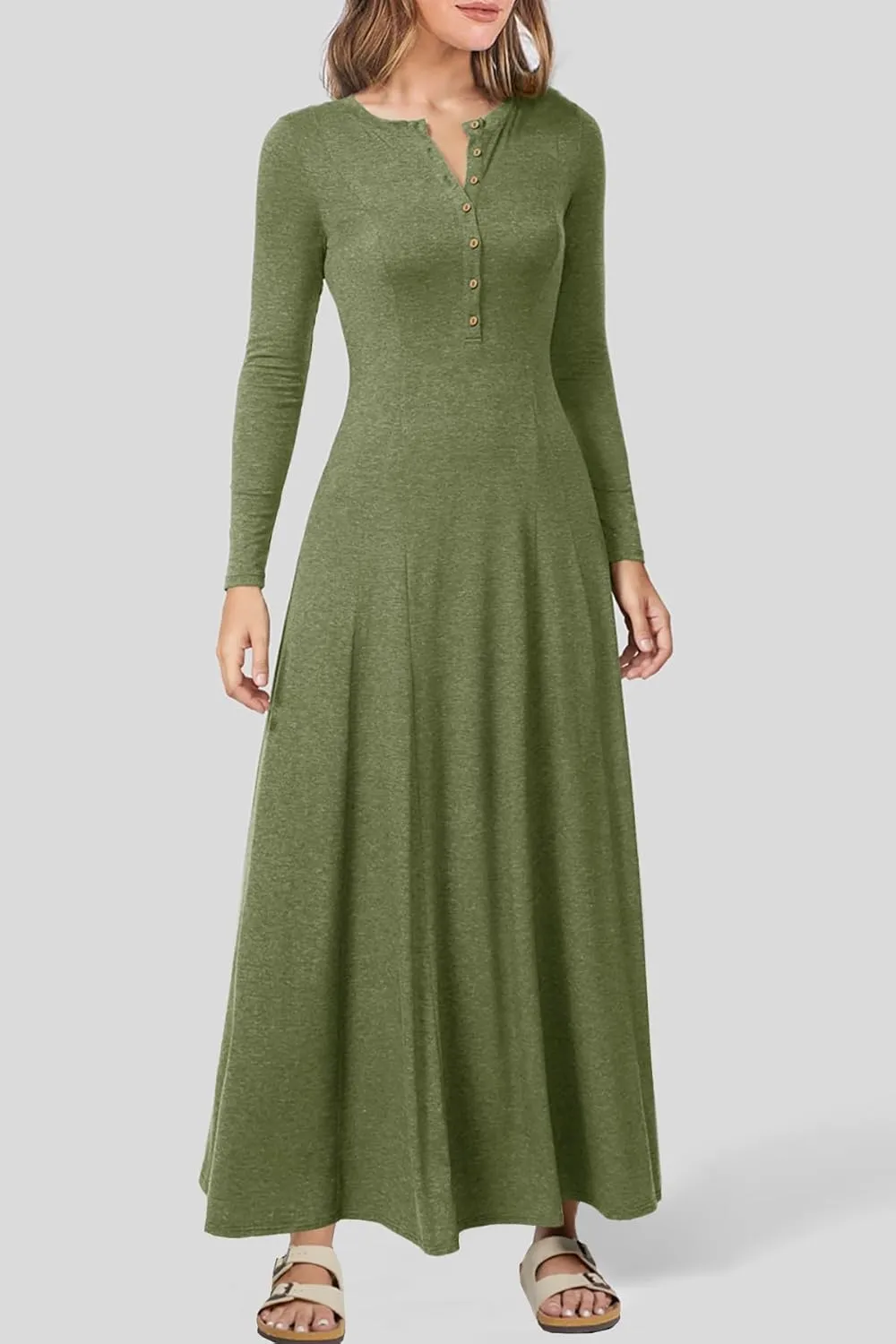 MITILLY Fall Dress for Women 2025 Long Sleeve Maxi Dress Casual Crewneck Button Fit & Flare Flowy Boho Dresses
