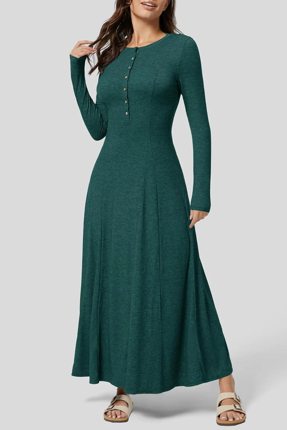 MITILLY Fall Dress for Women 2025 Long Sleeve Maxi Dress Casual Crewneck Button Fit & Flare Flowy Boho Dresses