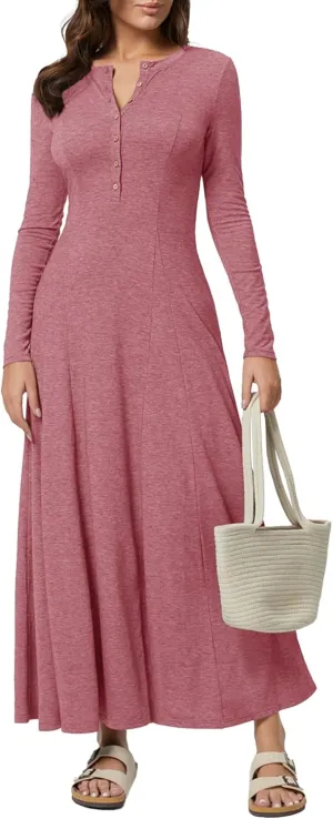 MITILLY Fall Dress for Women 2025 Long Sleeve Maxi Dress Casual Crewneck Button Fit & Flare Flowy Boho Dresses