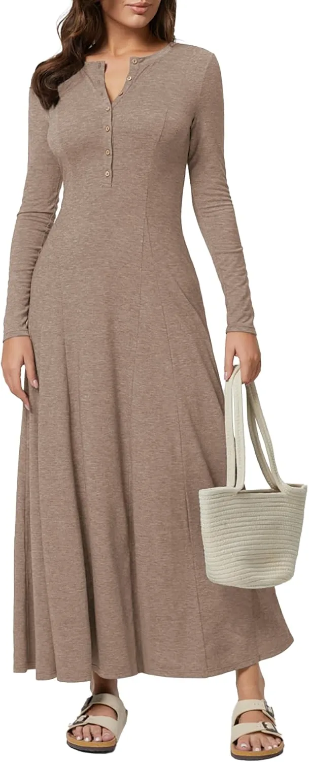 MITILLY Fall Dress for Women 2025 Long Sleeve Maxi Dress Casual Crewneck Button Fit & Flare Flowy Boho Dresses