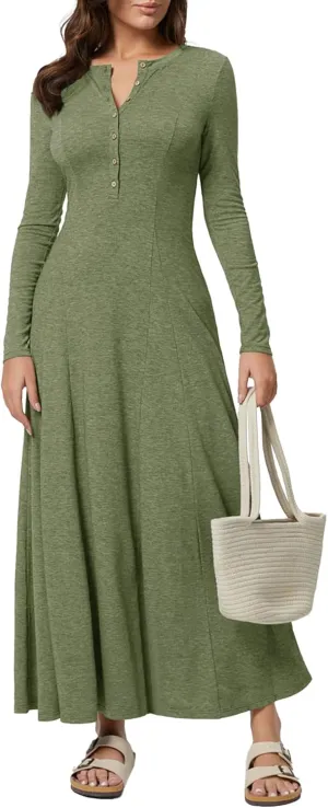 MITILLY Fall Dress for Women 2025 Long Sleeve Maxi Dress Casual Crewneck Button Fit & Flare Flowy Boho Dresses