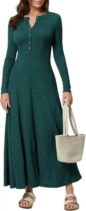 MITILLY Fall Dress for Women 2025 Long Sleeve Maxi Dress Casual Crewneck Button Fit & Flare Flowy Boho Dresses
