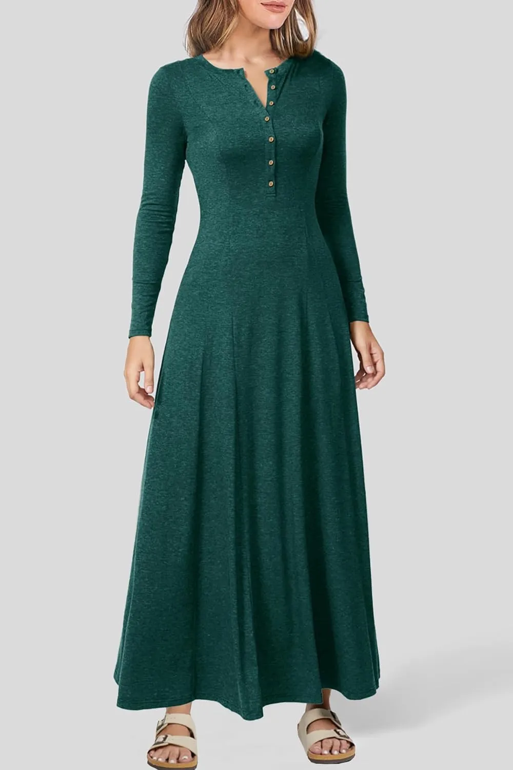 MITILLY Fall Dress for Women 2025 Long Sleeve Maxi Dress Casual Crewneck Button Fit & Flare Flowy Boho Dresses