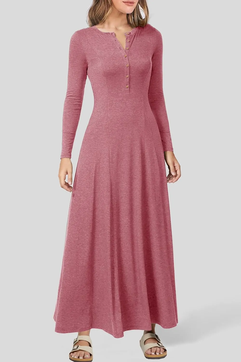MITILLY Fall Dress for Women 2025 Long Sleeve Maxi Dress Casual Crewneck Button Fit & Flare Flowy Boho Dresses