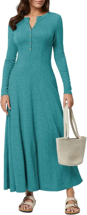 MITILLY Fall Dress for Women 2025 Long Sleeve Maxi Dress Casual Crewneck Button Fit & Flare Flowy Boho Dresses