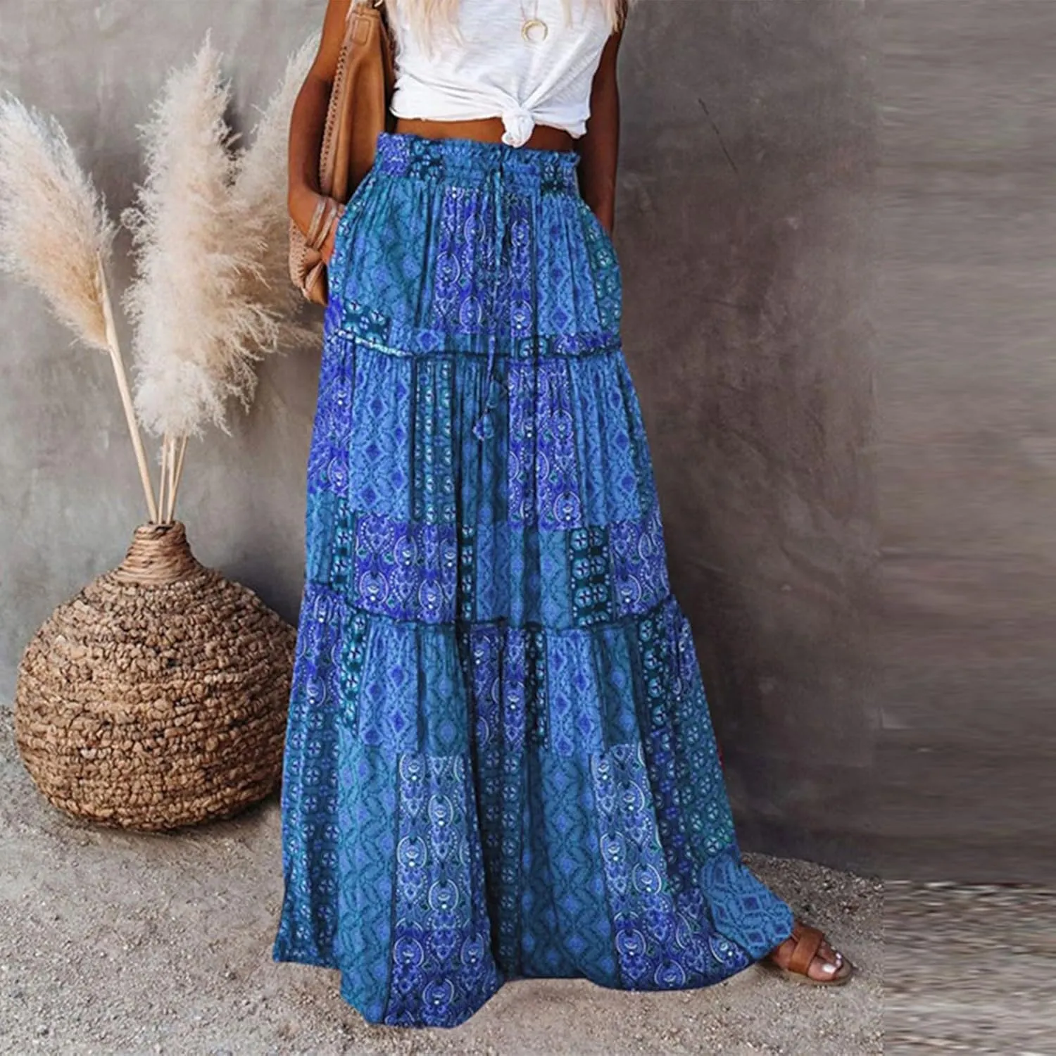 NBXNZWF Long Skirts for Women Casual Elastic High Waist A Line Ruffle Pleated Beach Skirt Flowy Swing Maxi Skirt with Pockets