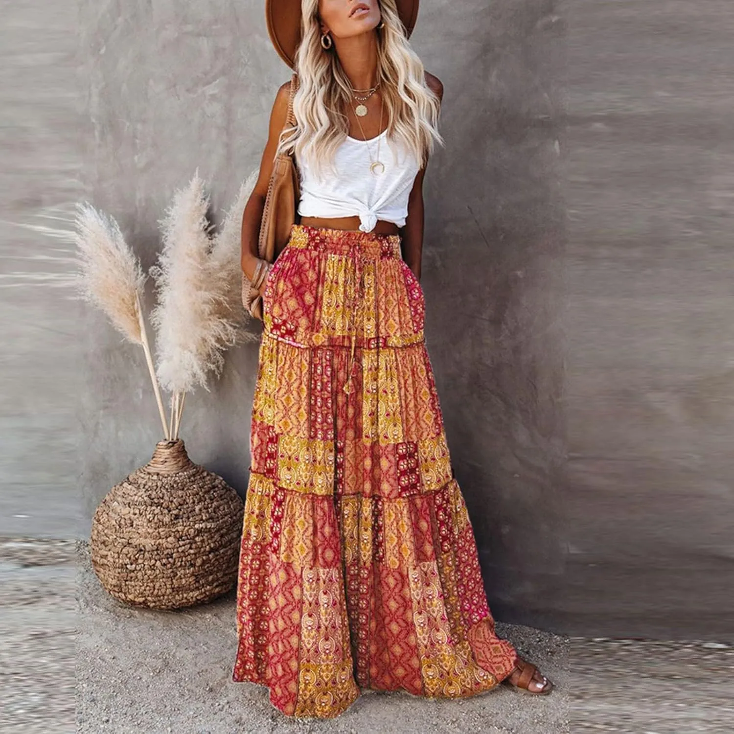 NBXNZWF Long Skirts for Women Casual Elastic High Waist A Line Ruffle Pleated Beach Skirt Flowy Swing Maxi Skirt with Pockets