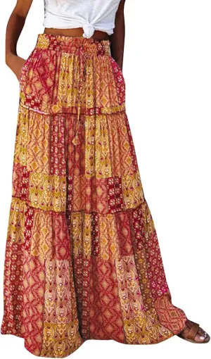 NBXNZWF Long Skirts for Women Casual Elastic High Waist A Line Ruffle Pleated Beach Skirt Flowy Swing Maxi Skirt with Pockets