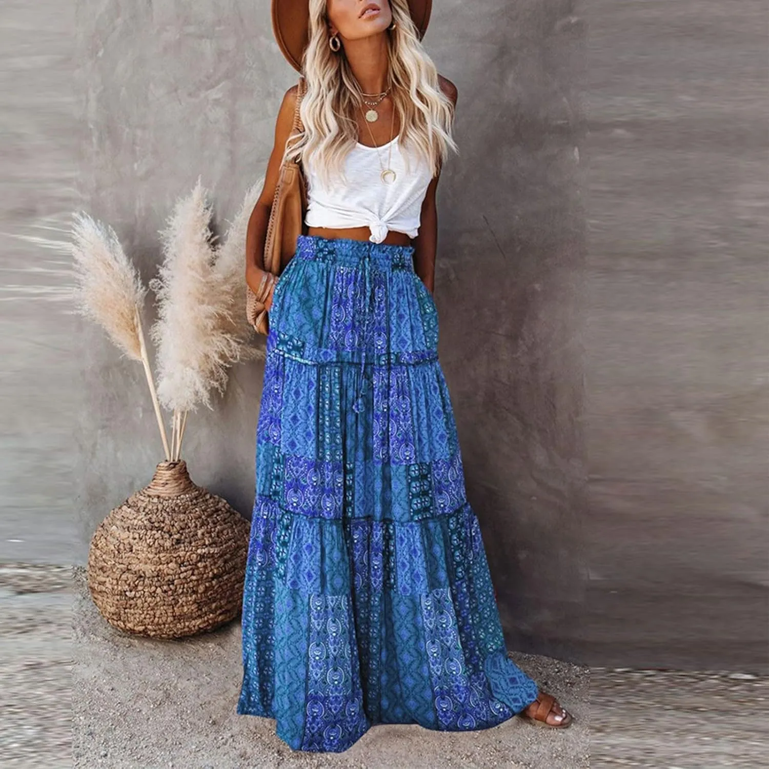 NBXNZWF Long Skirts for Women Casual Elastic High Waist A Line Ruffle Pleated Beach Skirt Flowy Swing Maxi Skirt with Pockets