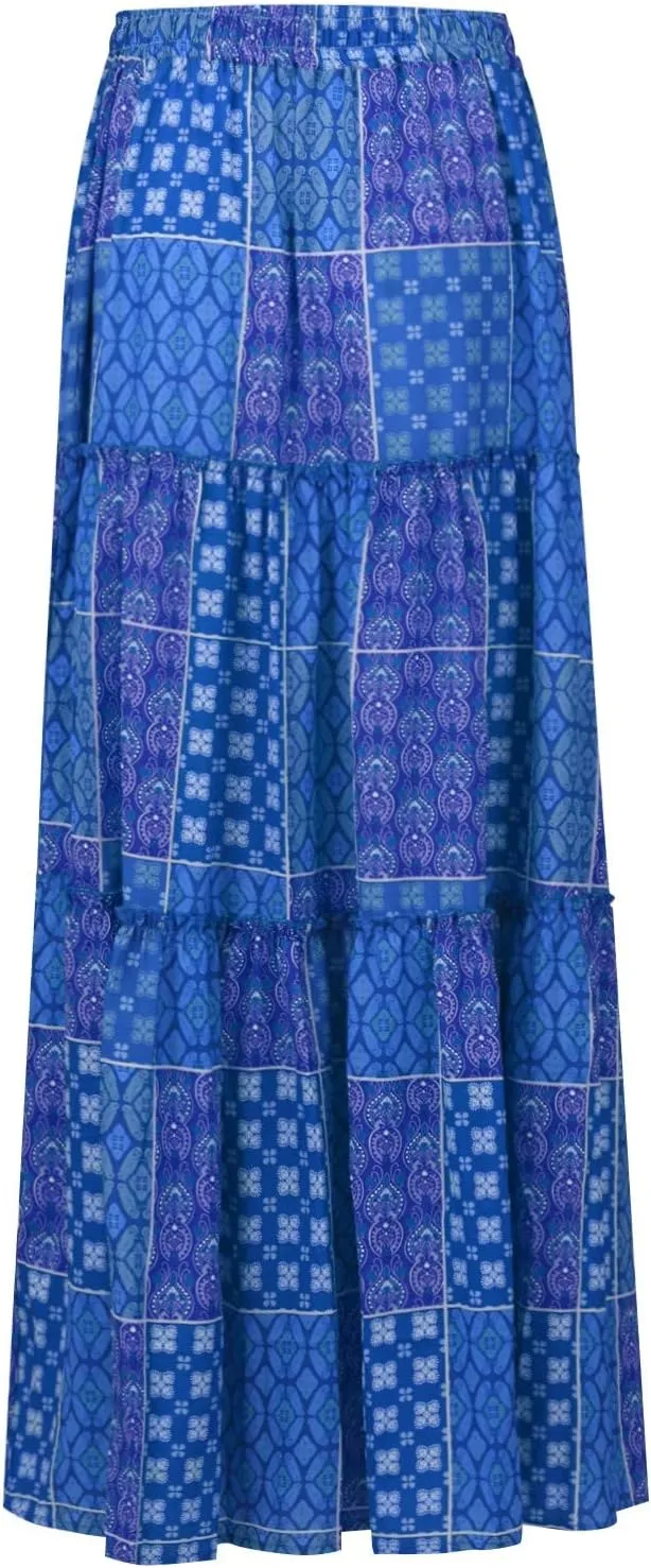 NBXNZWF Long Skirts for Women Casual Elastic High Waist A Line Ruffle Pleated Beach Skirt Flowy Swing Maxi Skirt with Pockets