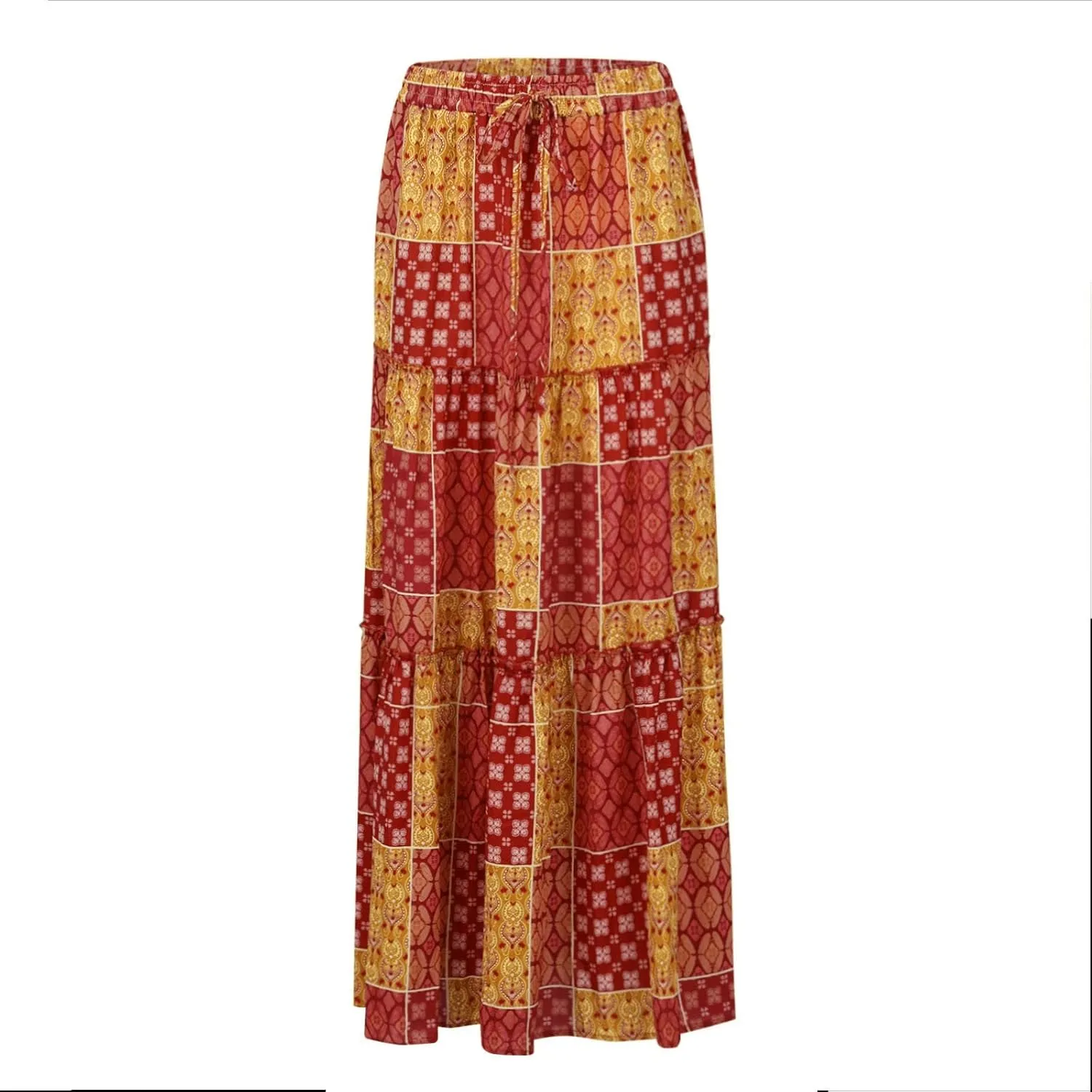 NBXNZWF Long Skirts for Women Casual Elastic High Waist A Line Ruffle Pleated Beach Skirt Flowy Swing Maxi Skirt with Pockets