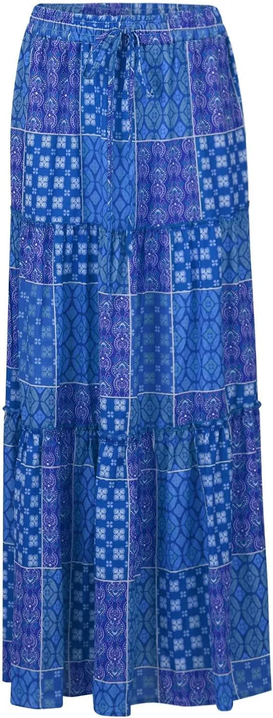 NBXNZWF Long Skirts for Women Casual Elastic High Waist A Line Ruffle Pleated Beach Skirt Flowy Swing Maxi Skirt with Pockets