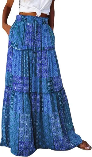 NBXNZWF Long Skirts for Women Casual Elastic High Waist A Line Ruffle Pleated Beach Skirt Flowy Swing Maxi Skirt with Pockets
