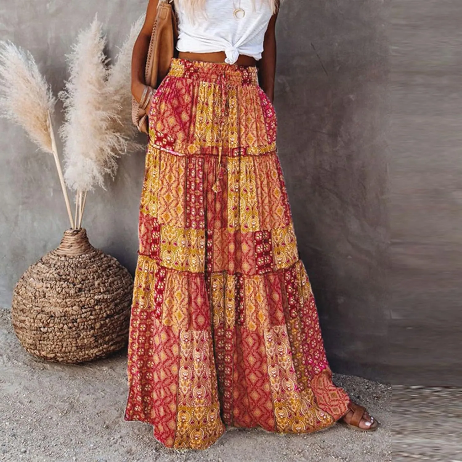 NBXNZWF Long Skirts for Women Casual Elastic High Waist A Line Ruffle Pleated Beach Skirt Flowy Swing Maxi Skirt with Pockets