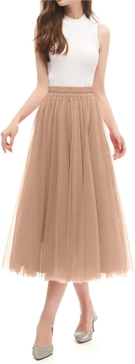 OBBUE Women's A Line Tulle Party Evening Tutu Skirts Tea Length