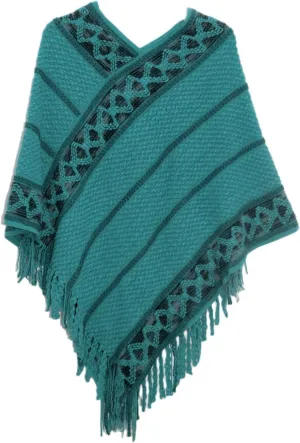 Oplxuo Women's Wrap V Neck Cape with Fringed Hem, Boho Casual Knitted Tassels Poncho Loose Pullover Sweater Coat