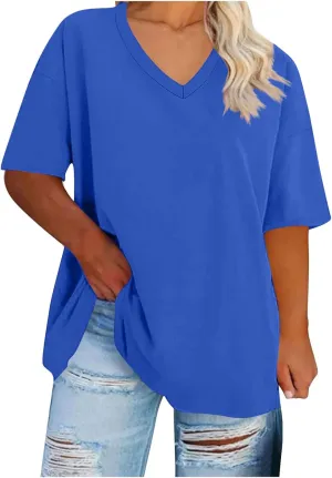 Oversized Tshirts for Women Summer Short Sleeve Tops Plus Size V Neck Blouse Casual Solid Color Shirts Loose Fit Tops