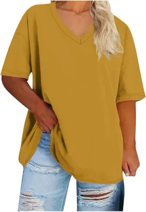 Oversized Tshirts for Women Summer Short Sleeve Tops Plus Size V Neck Blouse Casual Solid Color Shirts Loose Fit Tops