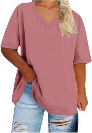 Oversized Tshirts for Women Summer Short Sleeve Tops Plus Size V Neck Blouse Casual Solid Color Shirts Loose Fit Tops