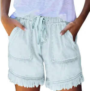 Palaver Women Jean Shorts Elastic Waist Drawstring Denim Shorts Summer Casual Raw Hem Distressed Jeans Short with Pockets