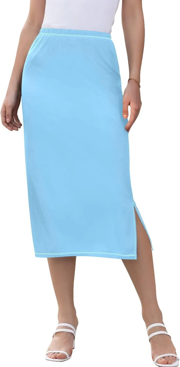 Pastel Glitter Side Slit Midi Skirts Women Cute Straight Fit Skirts Stretchy High Waist Boho Skirts S