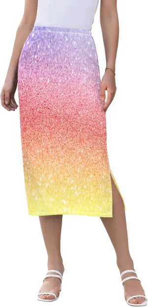 Pastel Glitter Side Slit Midi Skirts Women Cute Straight Fit Skirts Stretchy High Waist Boho Skirts S