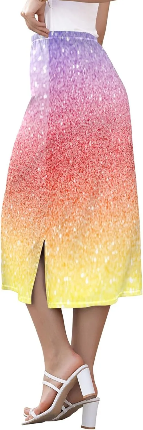 Pastel Glitter Side Slit Midi Skirts Women Cute Straight Fit Skirts Stretchy High Waist Boho Skirts S