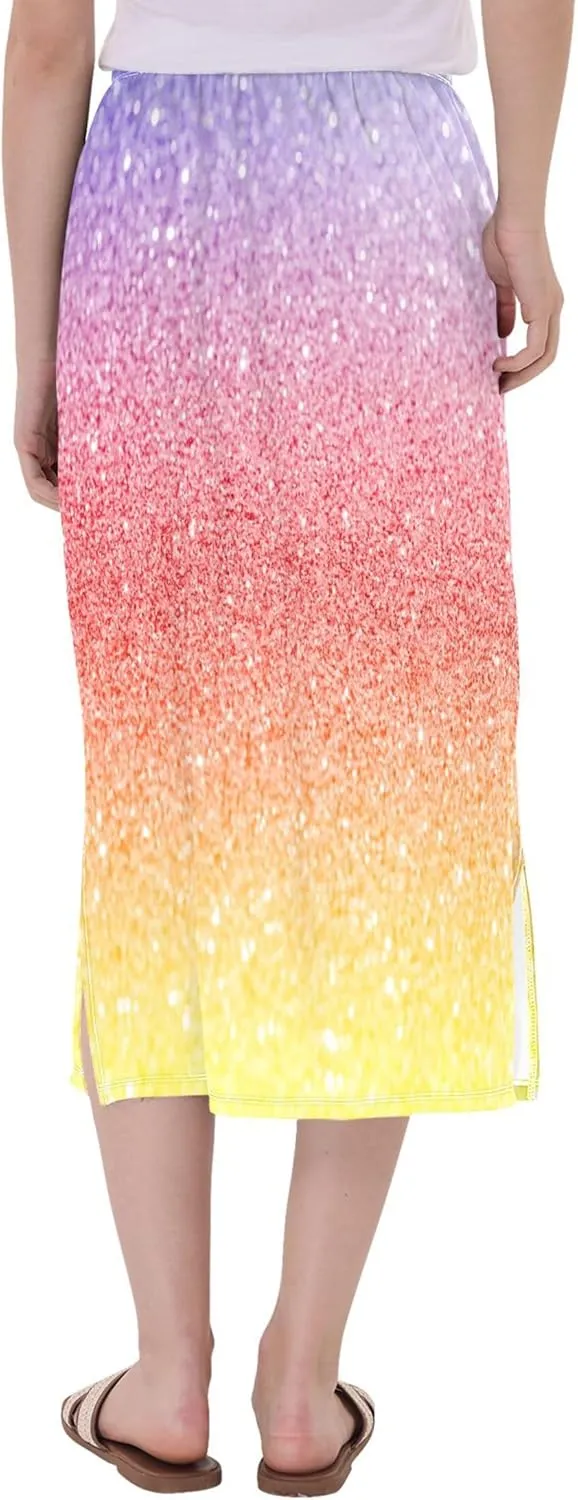 Pastel Glitter Side Slit Midi Skirts Women Cute Straight Fit Skirts Stretchy High Waist Boho Skirts S