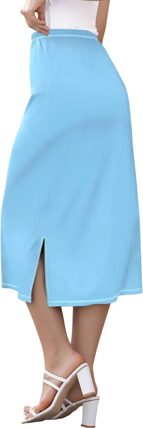 Pastel Glitter Side Slit Midi Skirts Women Cute Straight Fit Skirts Stretchy High Waist Boho Skirts S