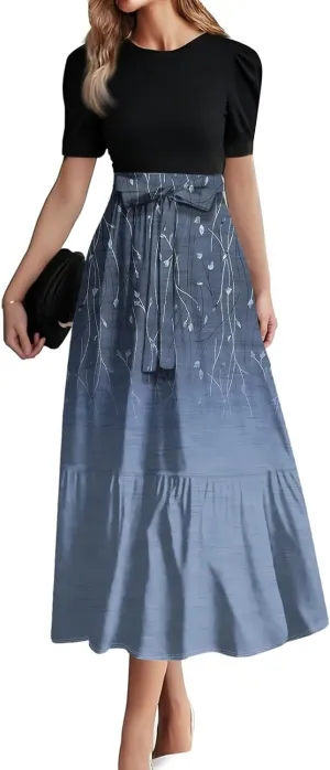 Pink Puff Summer Dresses for Women 2025- Floral Print Wrap Short Sleeve Maxi Dress Patchwork Ruffle Hem A Line Dress