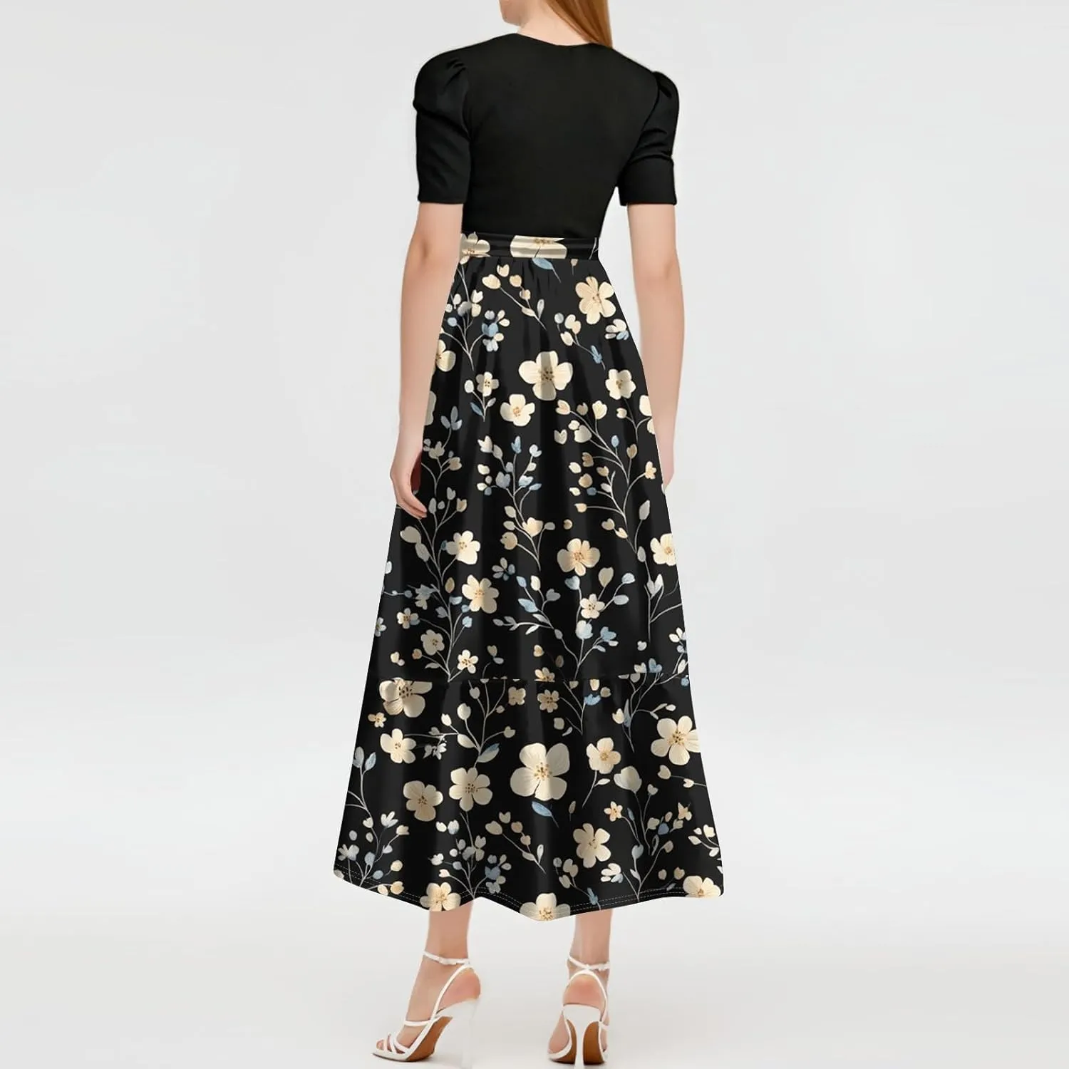 Pink Puff Summer Dresses for Women 2025- Floral Print Wrap Short Sleeve Maxi Dress Patchwork Ruffle Hem A Line Dress