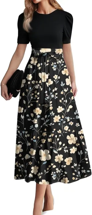 Pink Puff Summer Dresses for Women 2025- Floral Print Wrap Short Sleeve Maxi Dress Patchwork Ruffle Hem A Line Dress