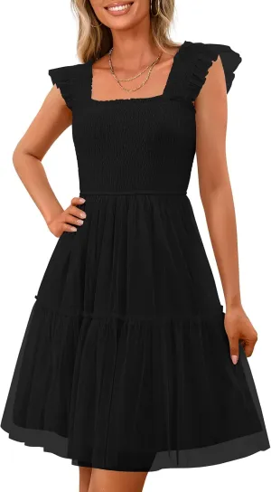 PRETTYGARDEN Womens 2025 Casual Mini Summer Dresses Sleeveless Tulle Ruffle Square Neck Tiered Smocked Wedding Guest Dress